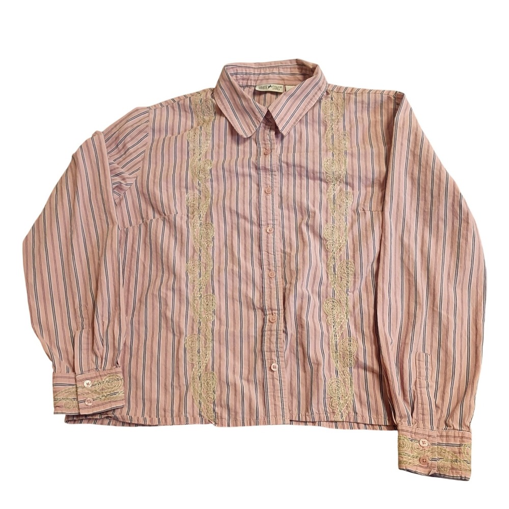 White Stag Button Down Shirt Womens Large Pink Striped Lace Trim WS